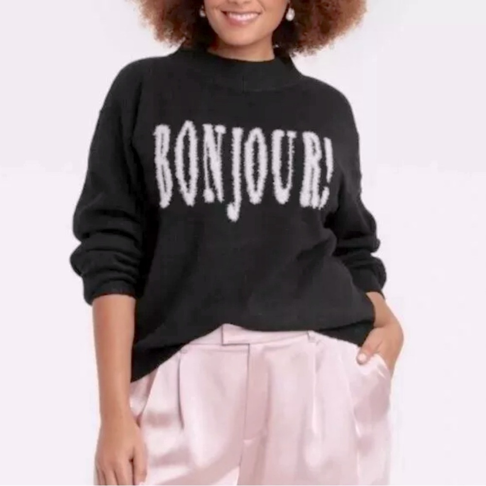 Graphic Pullover Sweater BONJOUR French fuzzy oversized sweater